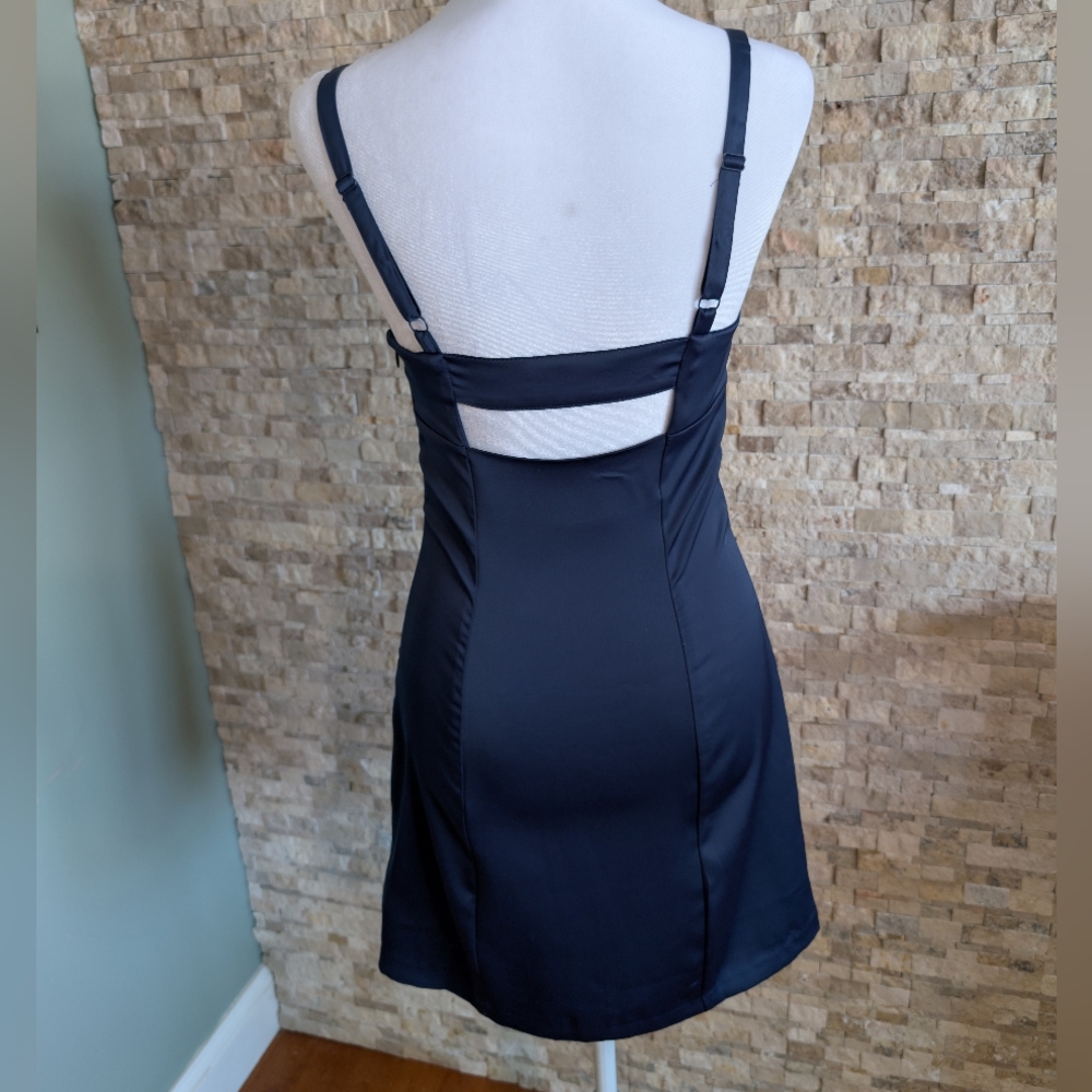 Urban Outfitters UO 90s Style Navy Blue Satin Mini Dress Keyhole Open Back Small - Picture 2 of 15